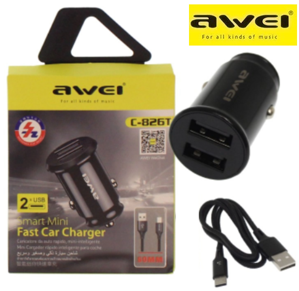 Μίνι φορτιστής αυτοκινήτου 2 USΒ Type C 12V-24V 2.4A μαύρος C-826T AWEI AWEI
