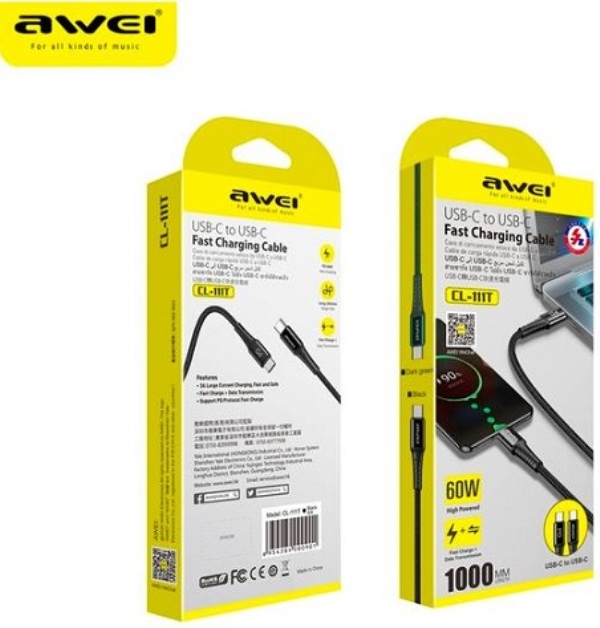 Καλώδιο ταχείας φόρτισης Type-C σε Type-C μαύρο CL-111T AWEI AWEI
