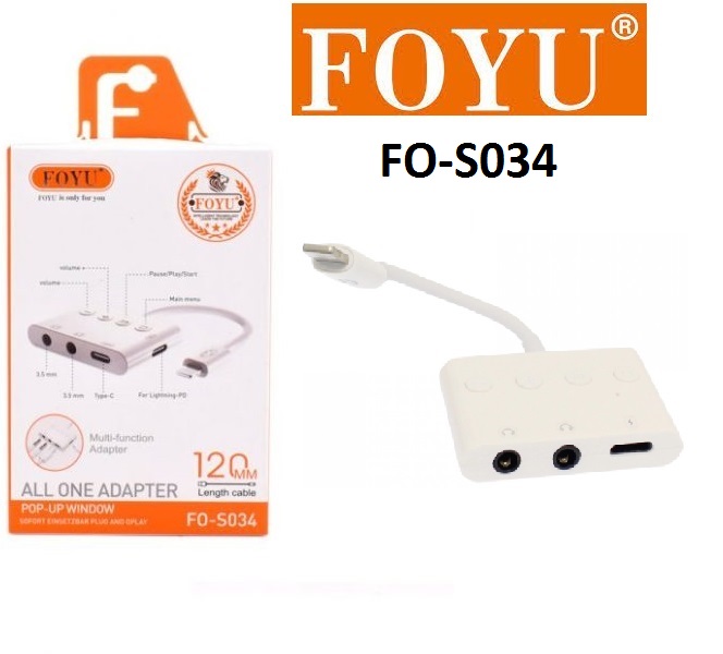 Προσαρμογέας πολλαπλών λειτουργιών Lightning σε 2x3.5mm Jack και φορτιστής Type-C λευκός FO-S034 FOYU OEM
