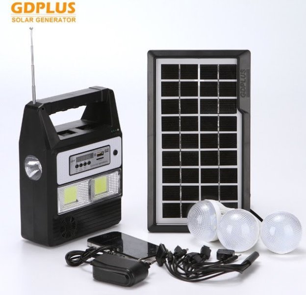 Ηλιακό σύστημα φωτισμού - φόρτισης , USB/SD, Mp3 Player, FM Radio, 3  LED 100LM  και τηλεχειριστήριο GD PLUS OEM