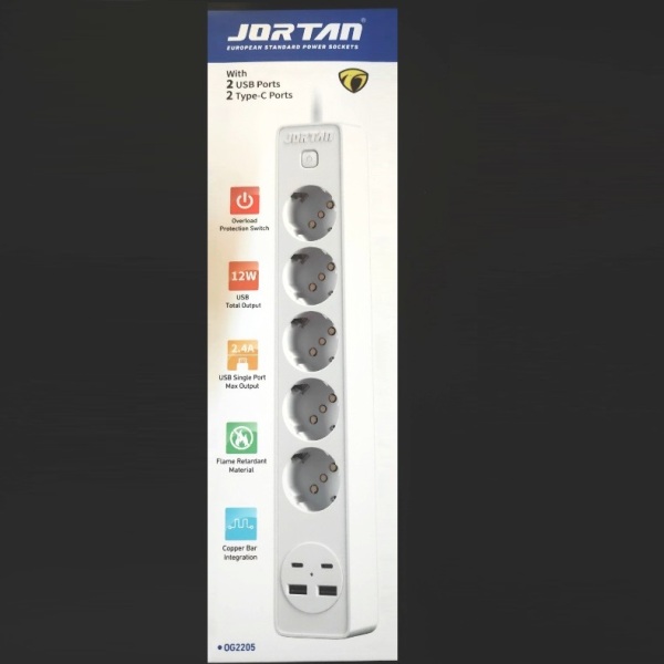 Πολύπριζο 5 θέσεων, 2 θύρες USB , 2 θύρες  Type-C λευκό OG2205 Jortan Jortan