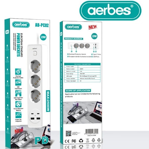 Πολύπριζο ρεύματος με 3 πρίζες σούκω, 2USB, 2 Type-C, 2500W λευκό AB-PC02 AERBES Aerbes